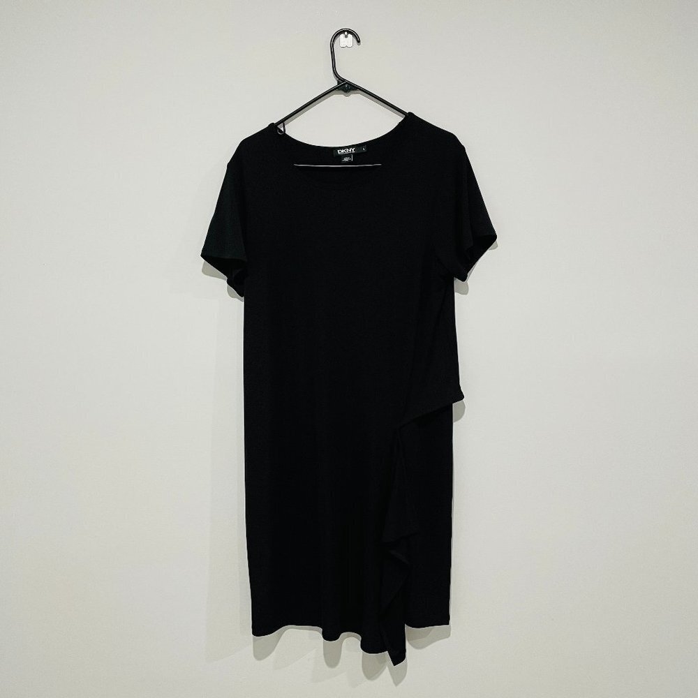 DKNY Women Black Short Sleeve Asymmetrical Midi Dress Size L